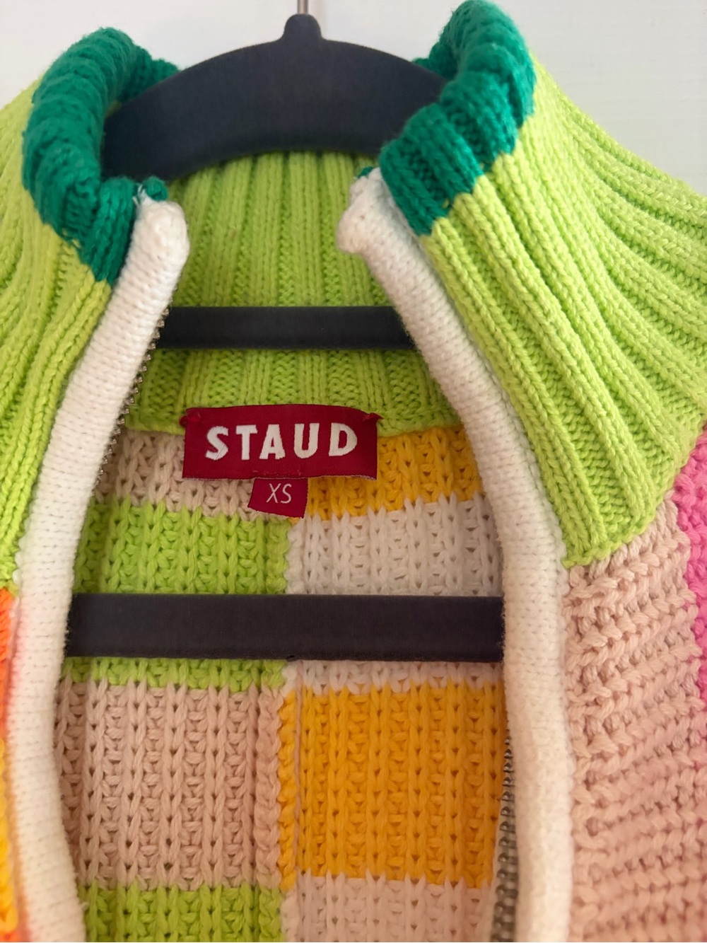 STAUD Colorblock Knit Zip Sweater - Lime, Green, Yellow, Pink, Cream